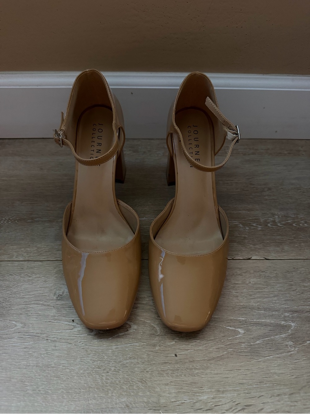 Journee Collection Nude Patent Block Heel Mary Jane Pumps